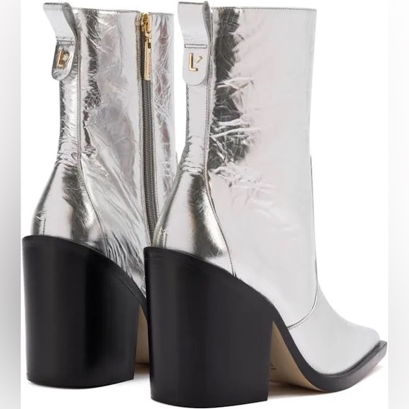 Larroude James Crinkled Silver Metallic Block Heeled Boots Zip Up sz 9 NWOT NWOB - Picture 2 of 10